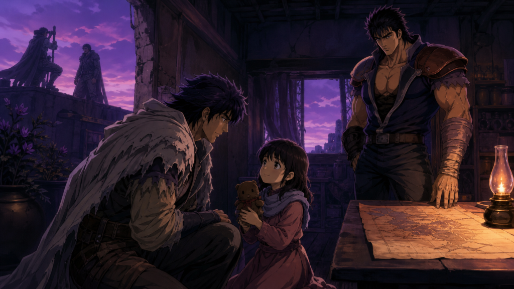 Modern Fist of the North Star 2 art showing Ein kneeling at Asuka’s eye level while Bat plans nearby and distant scouts watch the home