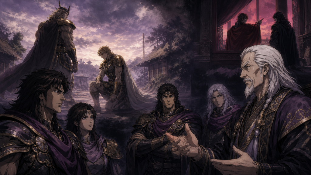 Modern Fist of the North Star 2 art showing the Hokuto Army hearing Falco’s history while a non-graphic memory depicts him kneeling before Raoh