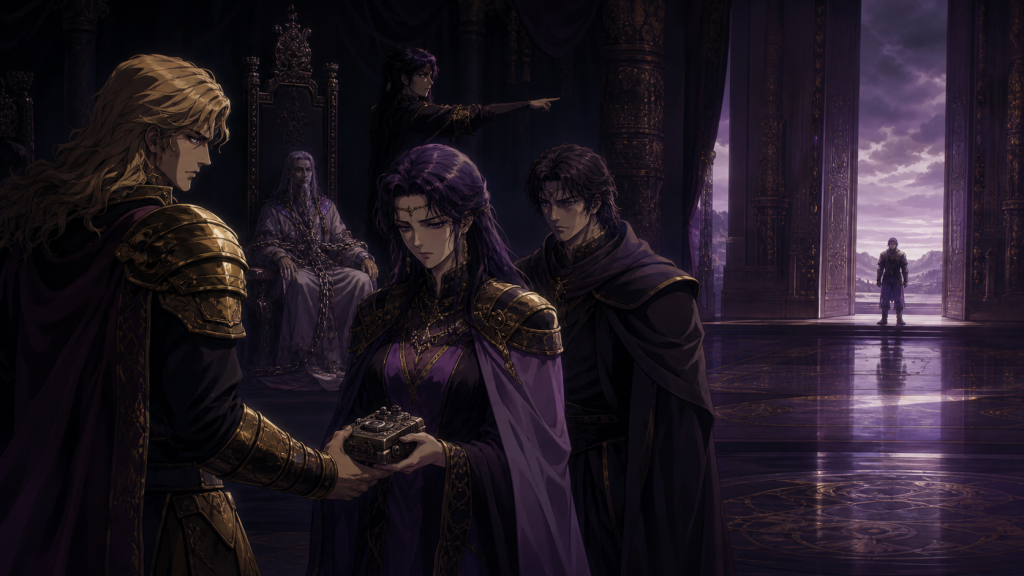 Modern Fist of the North Star 2 art showing Myu receiving Falco’s contingency while Jakoh commands and Kenshiro waits beyond the capital