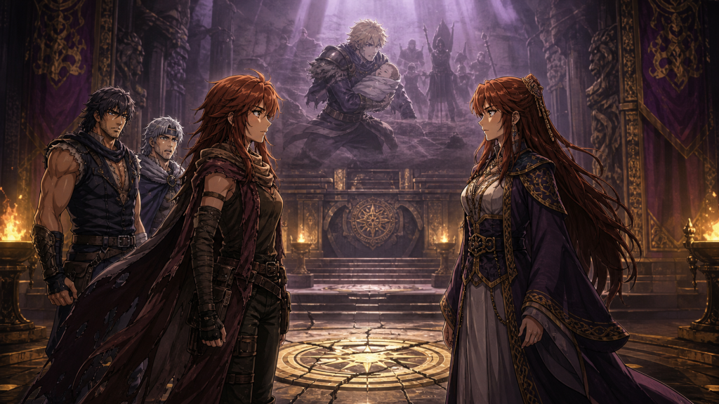 Modern Fist of the North Star 2 art showing Lin and Lui as equal adult sisters across a fractured imperial seal while Falco’s secret rescue appears in memory