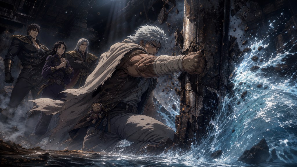 Modern Fist of the North Star 2 art showing Ein breaking an iron barrier as water creates an escape route for Lin, Lui, and Bat