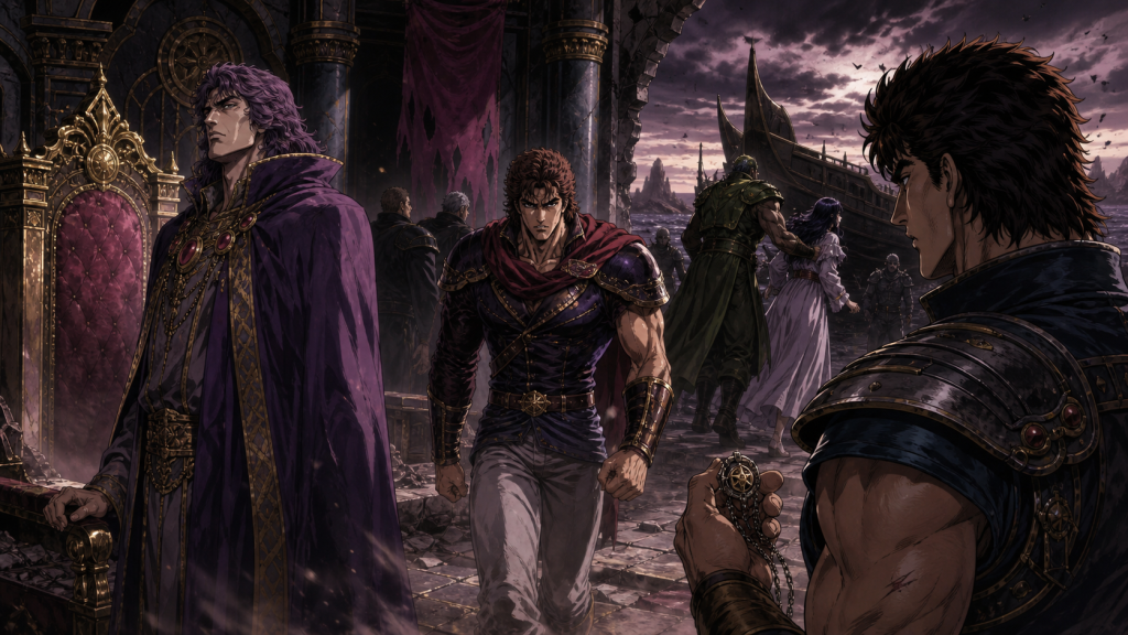 Modern Fist of the North Star 2 art showing Jakoh beside an empty throne, Falco advancing, soldiers withdrawing, and Taiga forcing Lin toward the sea