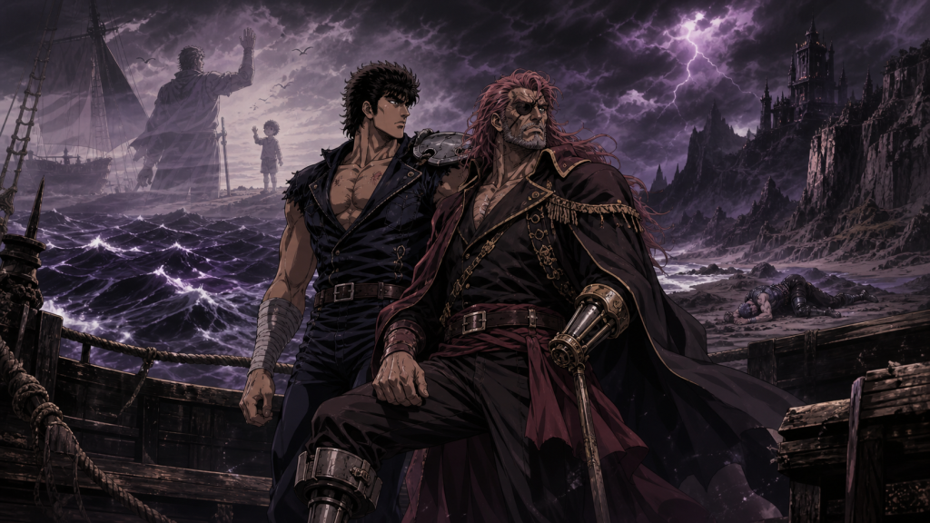 Modern Fist of the North Star 2 art treating disabled captain Red Shachi with dignity as he navigates toward Shura and confronts the history of the son he left behind