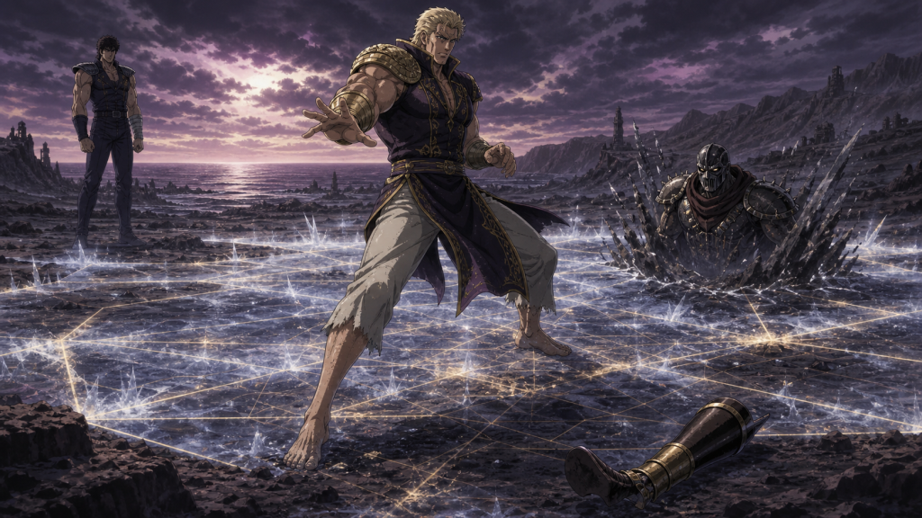 Modern Fist of the North Star 2 art showing Falco upright without his prosthetic as his frost field forces the nameless Shura from underground