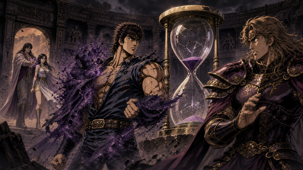 Modern Fist of the North Star 2 art showing Kenshiro breaking the poison cloak as Alf’s timed execution ritual fails and Lin walks alert with Shachi