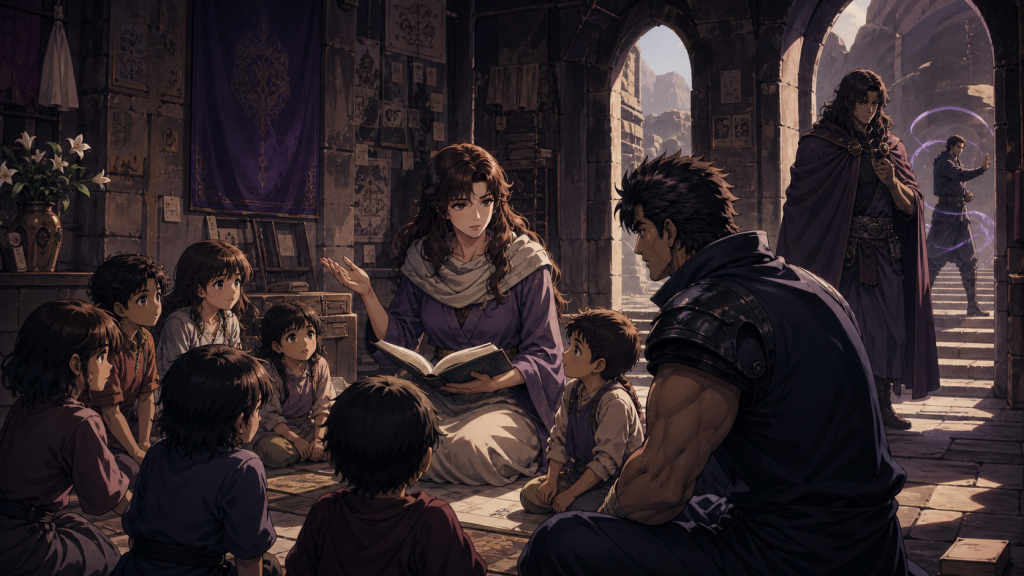 Modern Fist of the North Star 2 art centering Leia’s school as Kenshiro listens and Shachi pauses between organized care and violent campaign