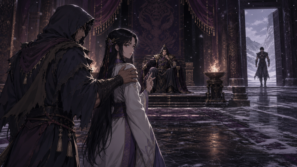 Modern Fist of the North Star 2 art showing alert Lin signaling inside Shachi’s captive disguise while Han sees through it and Kenshiro enters the fortress