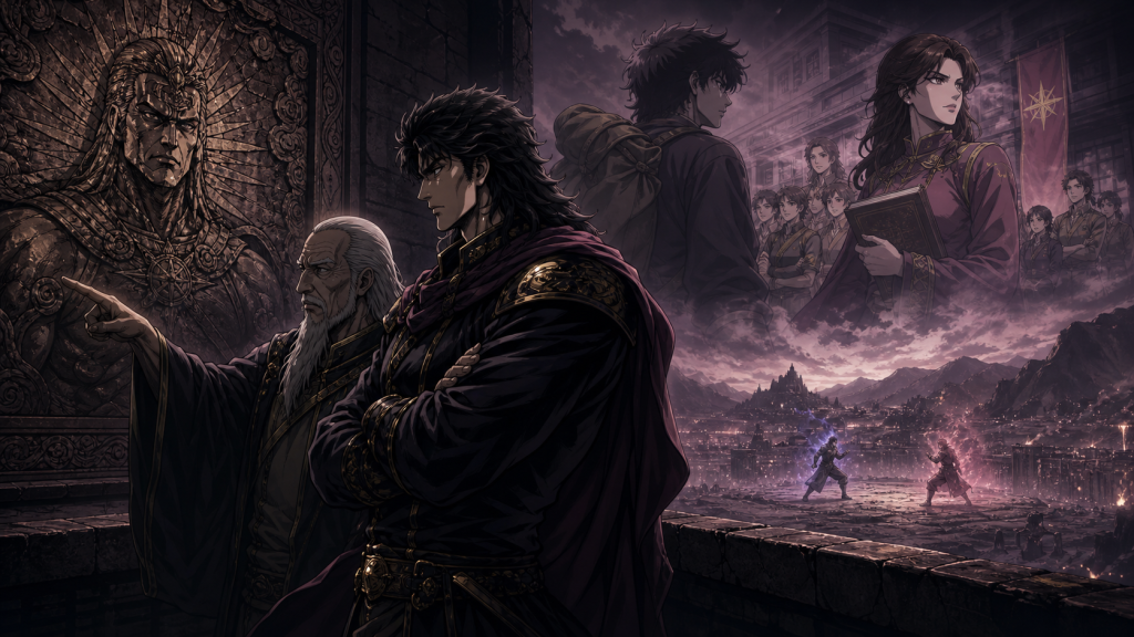 Modern Fist of the North Star 2 art showing Jukei and Shachi beside a Raoh relief while Leia’s school and the distant Han battle reveal competing paths