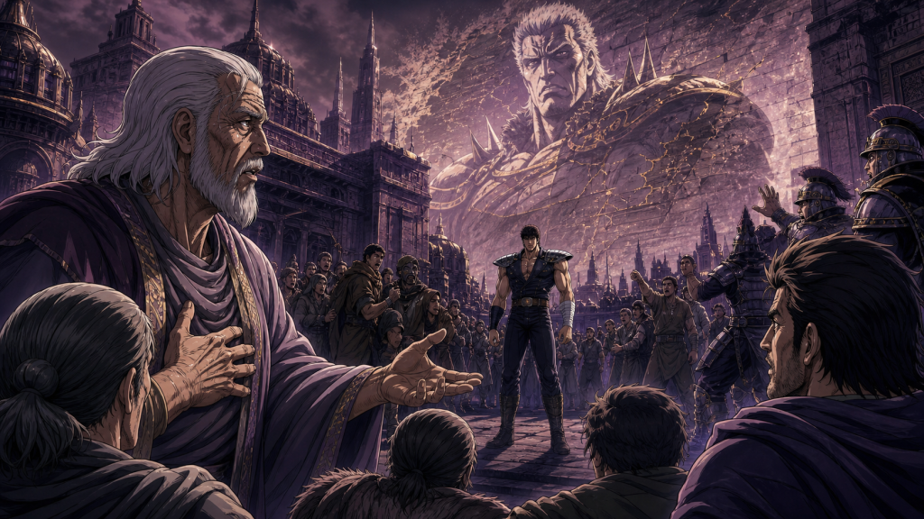 Modern Fist of the North Star 2 art showing Kenshiro surrounded by divided civilians and Shura while Raoh exists only as propaganda across the city wall
