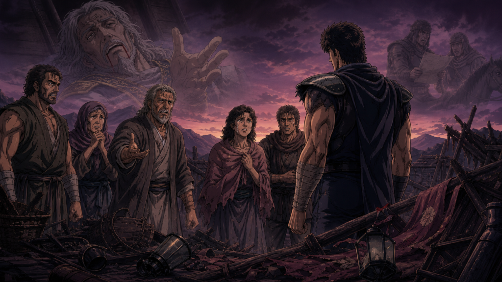 Modern Fist of the North Star 2 art showing grieving villagers confronting Kenshiro amid a non-graphic memorial landscape after acting on the false Raoh report