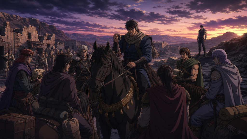 Modern Fist of the North Star 2 art showing mounted Rock holding Kosem’s keepsake while six riders prepare supplies and Kenshiro keeps a respectful distance