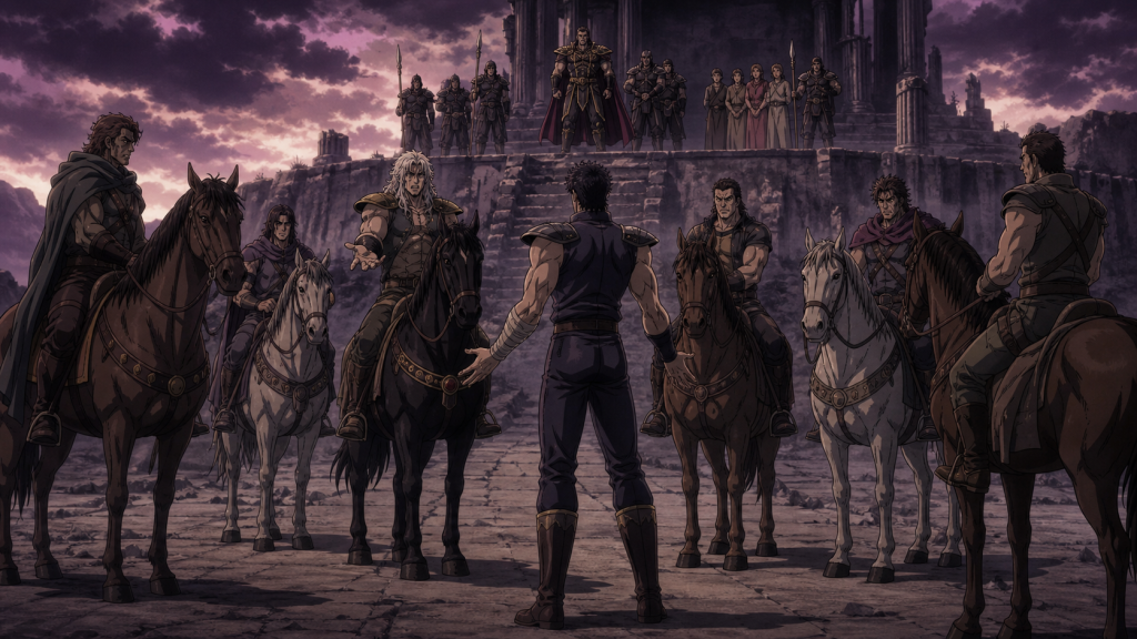 Modern Fist of the North Star 2 art showing Kenshiro open-handed before seven horse riders while Gamon and unharmed hostages remain visible above