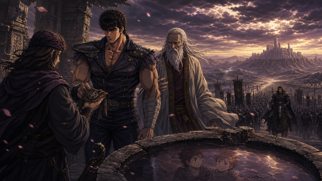 Modern Fist of the North Star 2 art showing a rider transmitting Rock’s death while Jukei reveals Hyo’s brotherhood and Hyo’s army approaches