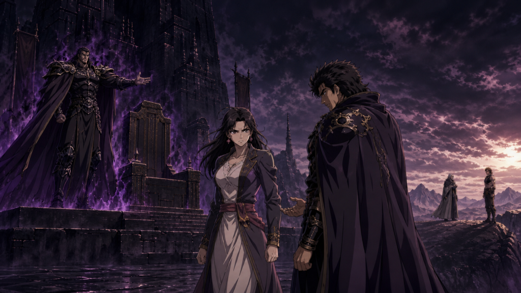 Modern Fist of the North Star 2 art centering upright Lin between Shachi’s ambition and Kaioh’s self-declared new age while Jukei waits for Hyo