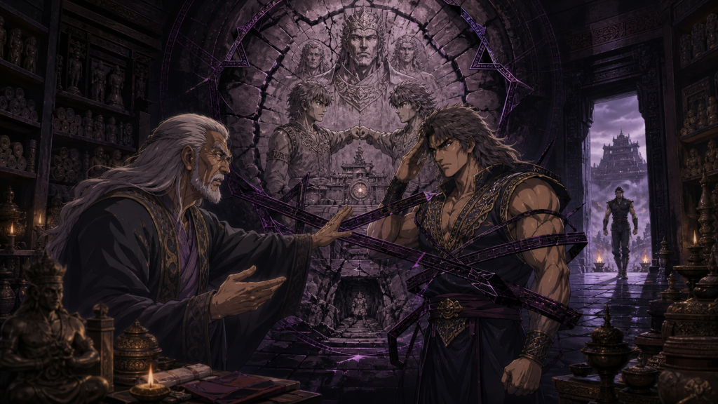 Modern Fist of the North Star 2 art showing Hyo upright inside a geometric memory seal while Jukei uses testimony and family objects and Kenshiro enters Kaioh’s castle
