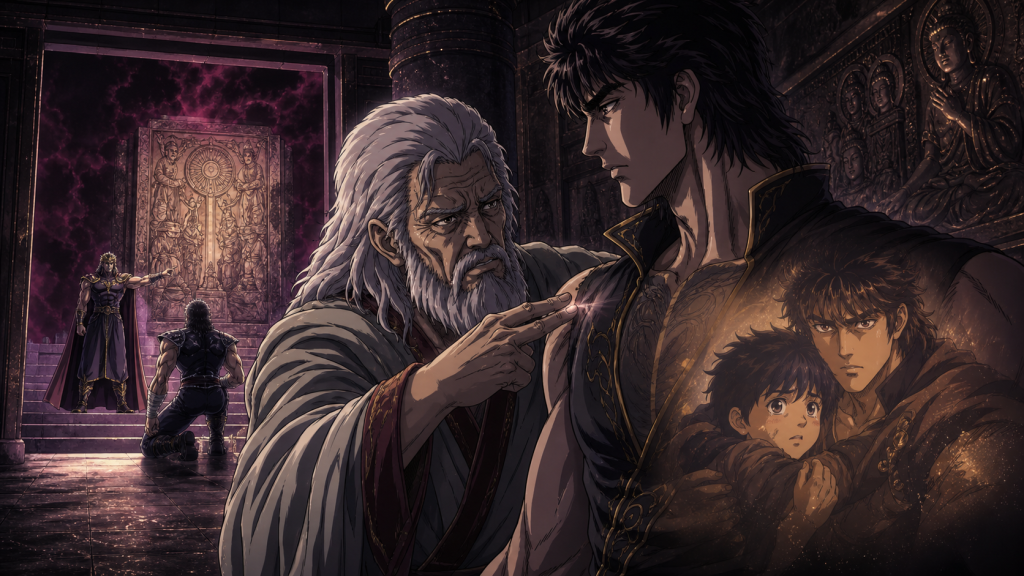 Modern Fist of the North Star 2 art showing Jukei at Hyo’s shoulder as a warm memory of Hyo protecting child Kenshiro surfaces while Kaioh stands beyond