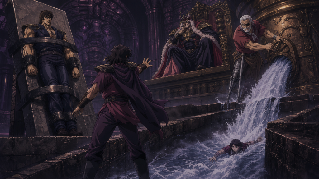 Modern Fist of the North Star 2 art showing Red Shachi using industrial knowledge to free Kenshiro and Shachi while Lin fights toward safety in the current