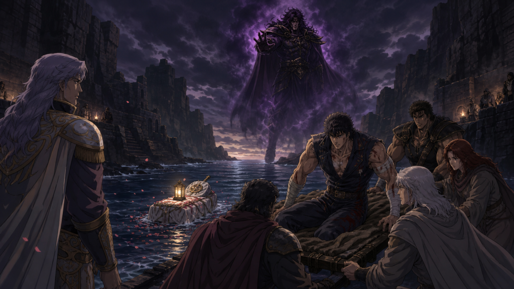 Modern Fist of the North Star 2 art showing Shachi’s memorial ritual, companions carrying Kenshiro, and Kaioh’s aura fading when Kenshiro stands