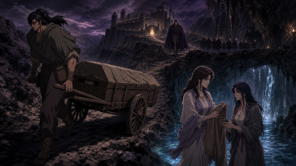 Modern Fist of the North Star 2 art showing Shachi hiding living Kenshiro in a ventilated coffin-like cart while Sayaka offers Lin water and warmth