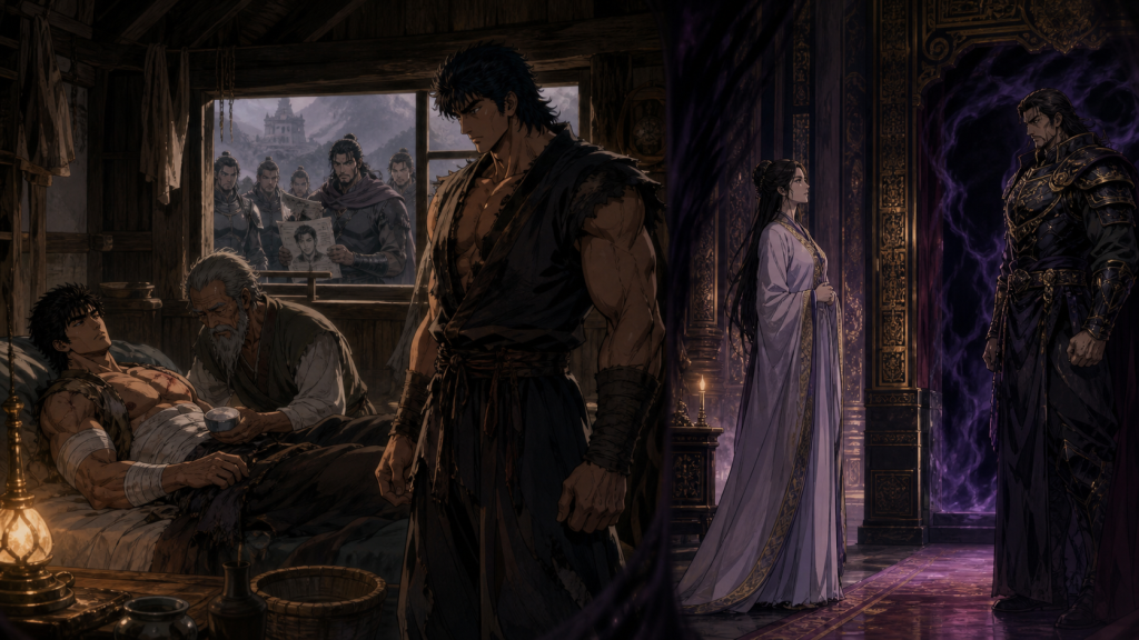 Modern Fist of the North Star 2 art showing male Shachi and an elderly caretaker protecting recovering Kenshiro while Cain approaches and Sayaka stands defiant before Kaioh