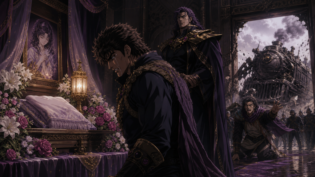 Modern Fist of the North Star 2 art centering Sayaka’s empty memorial as Hyo grieves, Kaioh controls the narrative, and Gyoko arrives with Kenshiro’s challenge