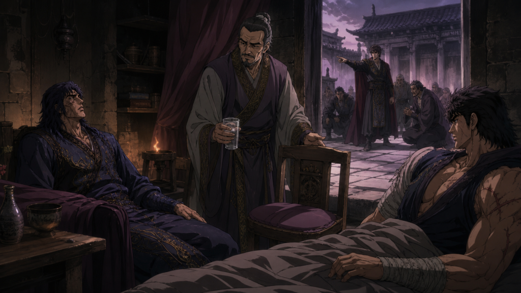Modern Fist of the North Star 2 art showing Nagato offering water and refuge to wounded enemies while Hyo’s attendants recoil from his changed rule
