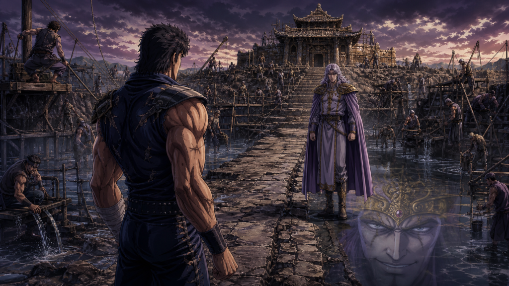 Modern Fist of the North Star 2 art showing villagers operating pumps and scaffolds under coercion while brothers separated by memory face each other and Kaioh watches in reflection