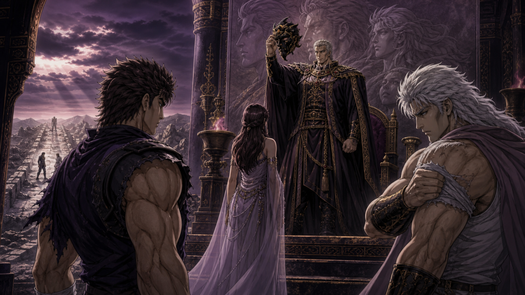 Modern Fist of the North Star 2 art showing Kaioh removing his mask before upright Lin while Hyo covers the pressure-point site and Kenshiro remains on the causeway