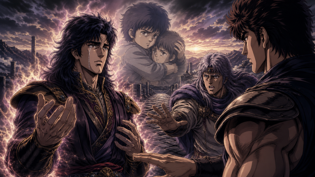 Modern Fist of the North Star 2 art showing Kenshiro lower his hand at Hyo’s tears while Shachi intervenes and a childhood memory of protective brotherhood returns