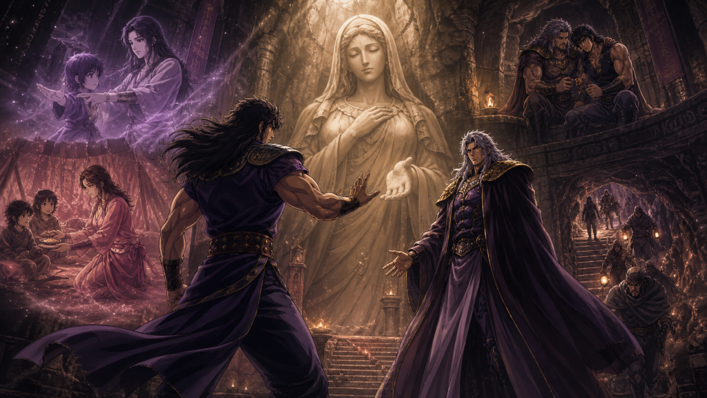 Modern Fist of the North Star 2 art showing Shachi and Kaioh in Taiseiden, Leia and Lin as active witnesses, and reconciled Hyo and Kenshiro above