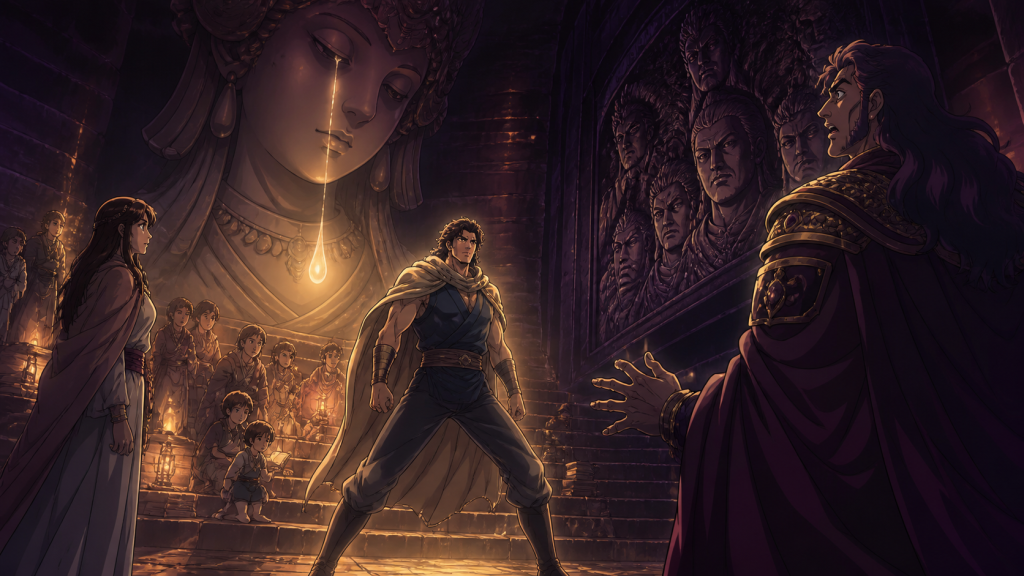 Modern Fist of the North Star 2 art showing conscious Shachi rise beneath the statue’s tear, Leia witnessing, and Kaioh turning toward a dark Ryūken relief