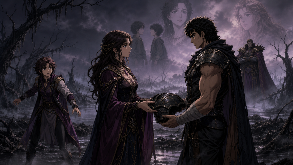 Modern Fist of the North Star 2 art showing Leia and Kenshiro at the Demon Swamp, distant Kaioh, defensive Lin, and family memories