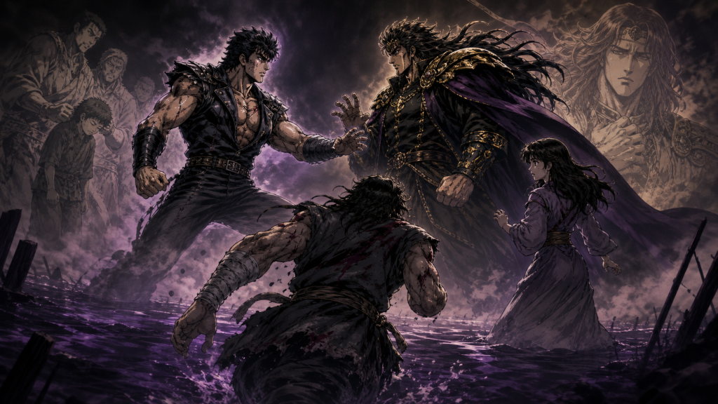 Modern Fist of the North Star 2 art showing the Demon Swamp conflict, active Lin, injured Hyo, Kaioh’s childhood humiliation, and Raoh’s remembered concern
