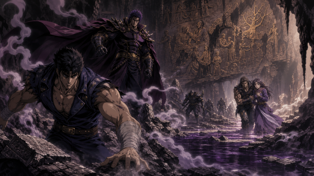 Modern Fist of the North Star 2 art showing Kaioh weaponize the cavern environment while Hyo protects Lin beneath a two-thousand-year Hokuto relief