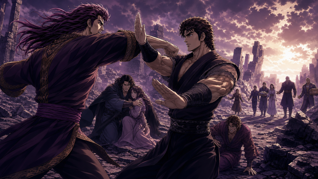 Modern Fist of the North Star 2 art showing an open-handed redirection, Black Yaksha shielding Lin, Hyo in danger, and reinforcements carrying rescue supplies