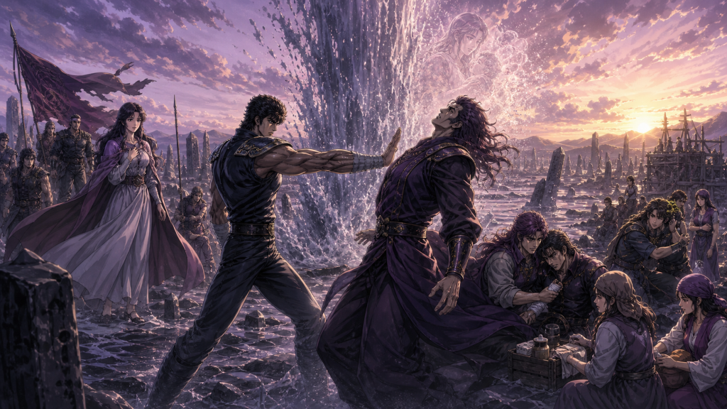 Modern Fist of the North Star 2 art showing Kenshiro’s controlled final strike, a water surge, alert Lin, medics supporting Hyo, and survivors beginning care at dawn