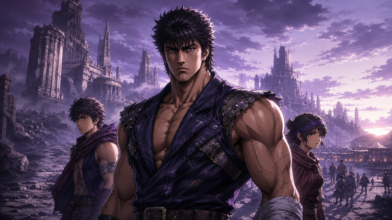 Kenshiro and young resistance fighters before a ruined capital in Fist of the North Star 2 fan art