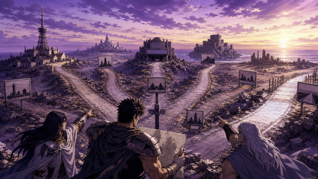 Three travelers study a map at seven roads leading toward distinct Fist of the North Star anime continuities
