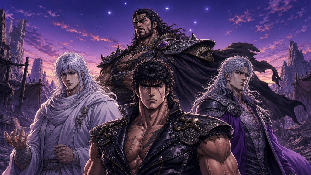 Kenshiro, Raoh, Toki, and Rei in a violet post-apocalyptic wasteland