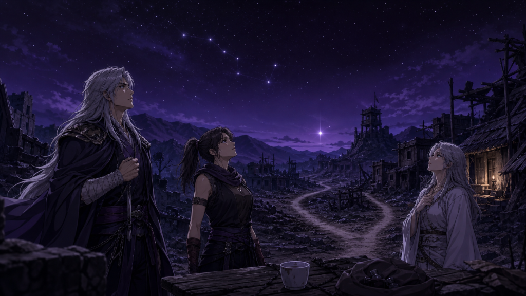 Rei, Mamiya, and Toki look toward the Death Omen Star above a violet wasteland village