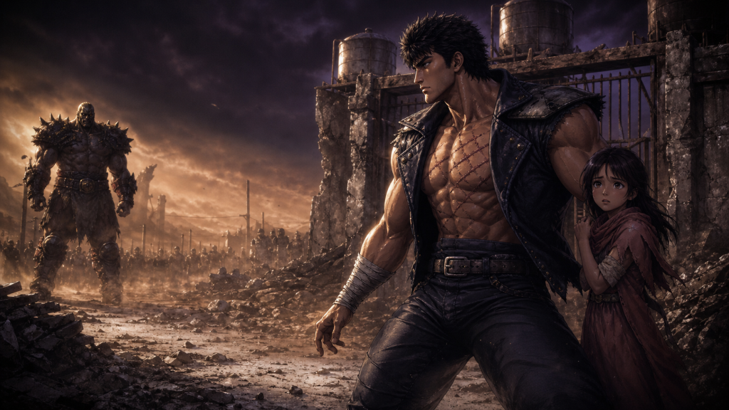 Modern fan art of Kenshiro shielding Lin from Zeed at a drought-stricken village gate
