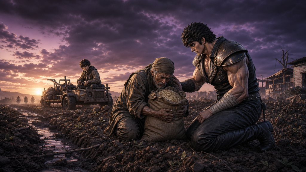 Modern fan art of Kenshiro kneeling beside an elderly farmer protecting seed grain while Bat watches from a buggy