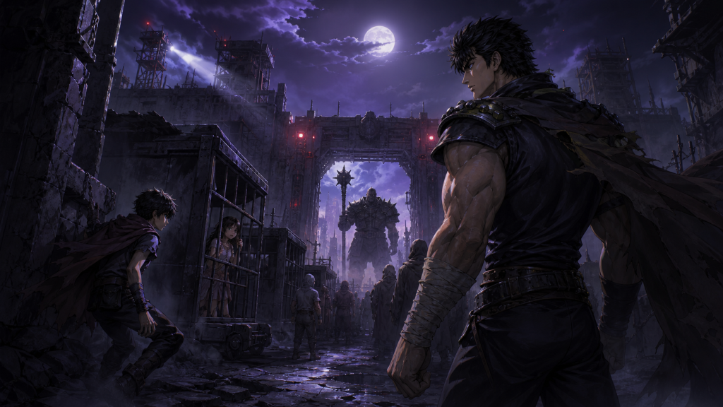 Modern fan art of Kenshiro and Bat entering occupied Dorado to rescue Lin from Diamond