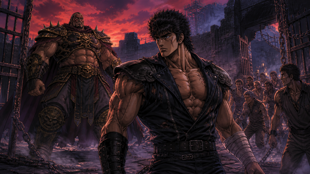 Modern fan art of Kenshiro protecting liberated Bloody Cross prisoners as Heart blocks their escape