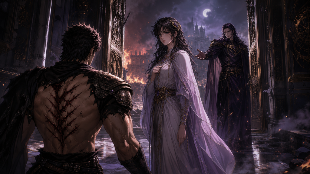 Modern fan art of Yuria standing between Kenshiro and Shin inside a burning fortress without romanticizing her captivity