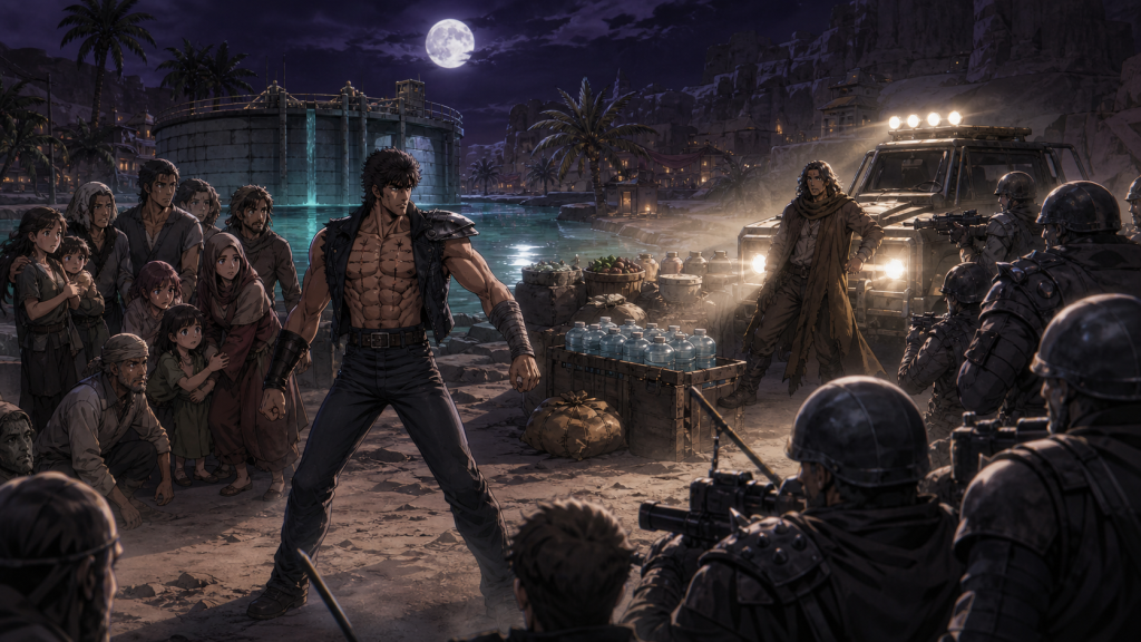 Modern fan art of Kenshiro defending an oasis community and its water stores from the armed God Army