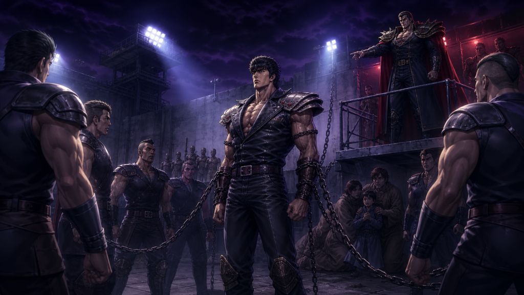 Modern fan art of a deliberately restrained Kenshiro facing Mad Sergeant and hesitant God Army recruits