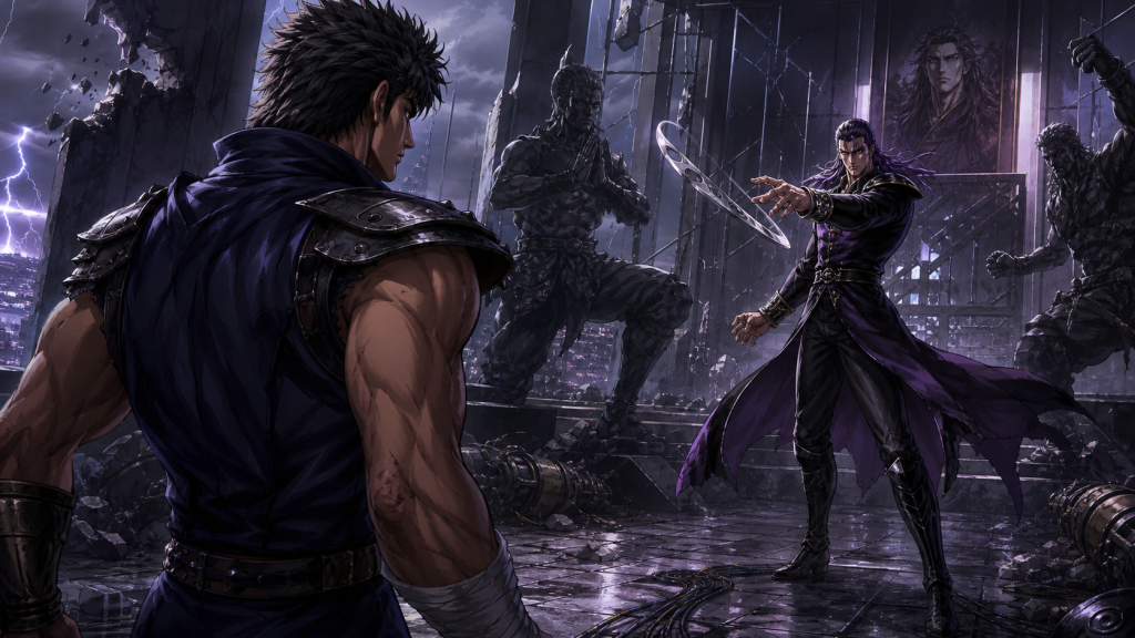 Modern fan art of Kenshiro confronting Colonel and his boomerang at the summit of God Army’s tower