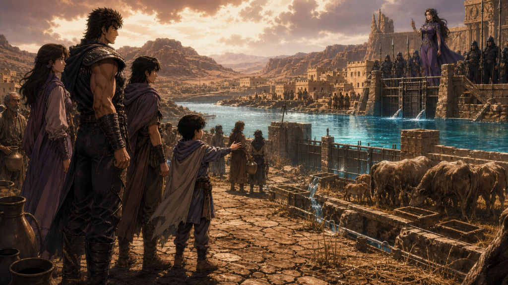 Modern fan art of Kenshiro, Mika, Sam and Jiro confronting Patra’s guarded lake and water monopoly