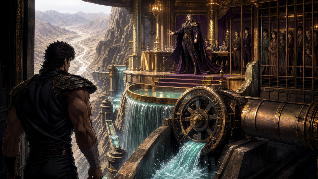 Modern fan art of Kenshiro discovering Dragon’s mountain water gate, captive market and luxurious stronghold